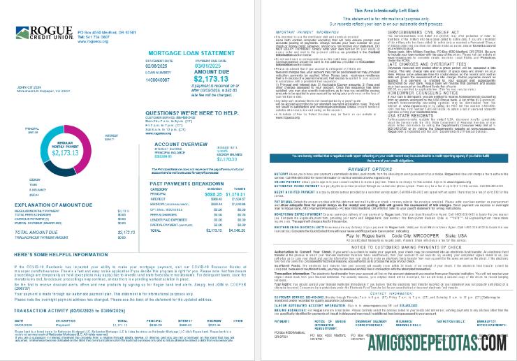 Extrato de empréstimo hipotecário do USA Oregon Rogue Bank em formatos Word e PDF, 4 páginas 1 2 exemplo